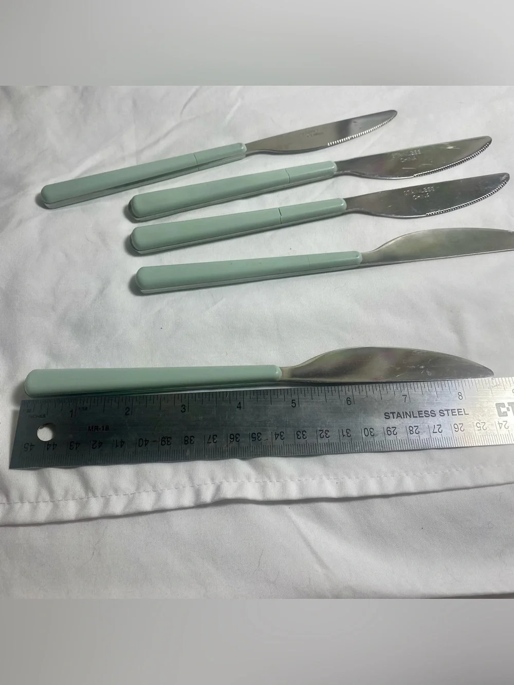 Vintage Set of 5 Green Handle Stainless Steel Table Knives